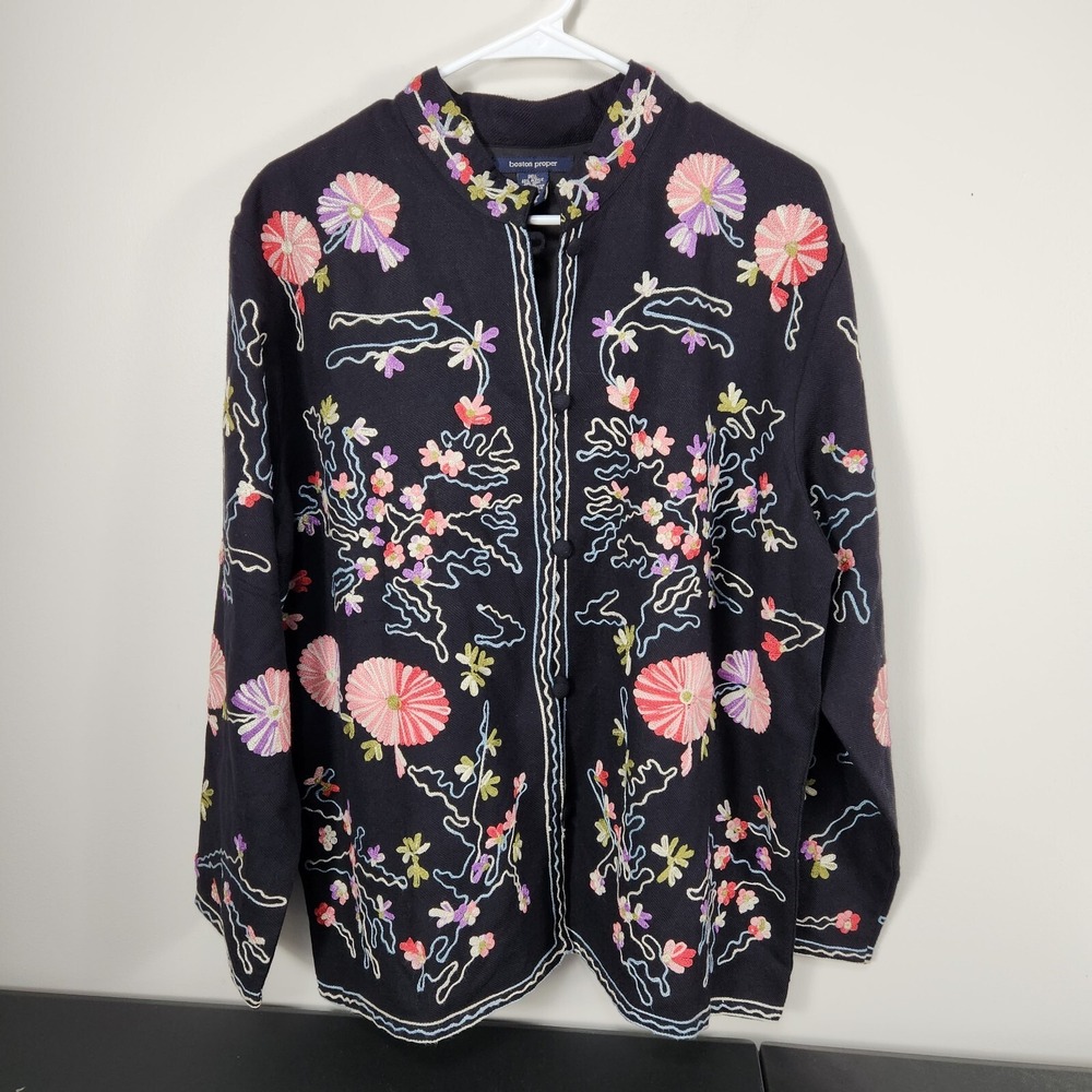 Boston Proper Large Black‎ Wool Jacket Floral Embroidered Artsy Lagenlook Sz L